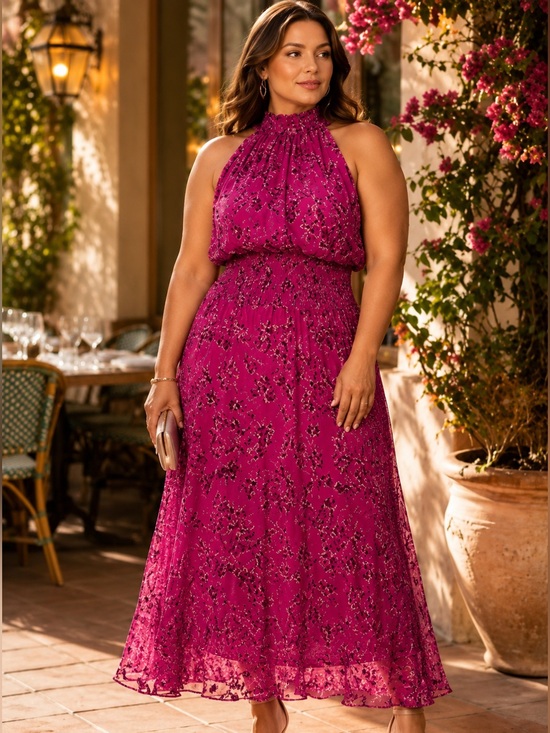 White House Black Market Dresses & Skirts - White House Black Market Pink Floral Halter Maxi Dress Size 10 Smocked Waist